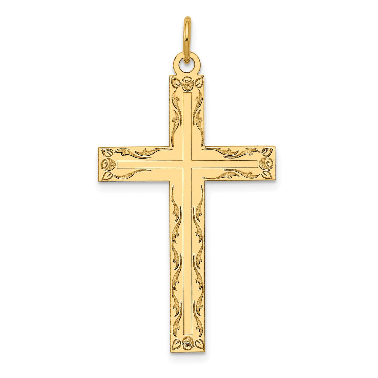 14k Yellow Gold Cross Pendant with Floral Border, Polished Christian Faith Jewelry for Women