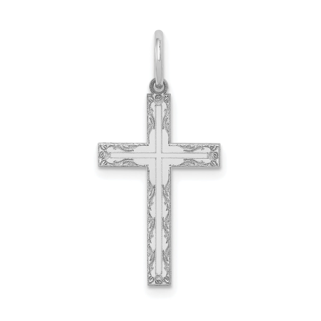 14k White Gold Cross Pendant with Floral Engraving, Christian Religious Jewelry for Women