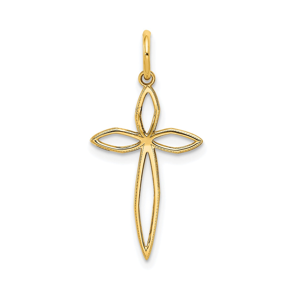 14k Yellow Gold Cross Pendant with Open Marquise Design, Lightweight Religious Charm for Women