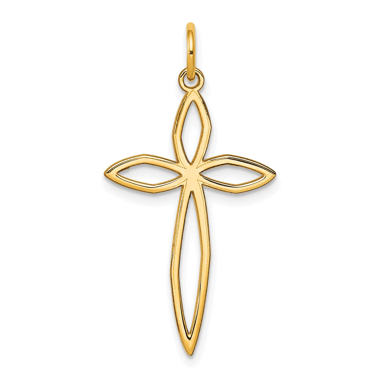 14k Yellow Gold Cross Pendant with Open Marquise Outline Design, Christian Faith Charm for Women
