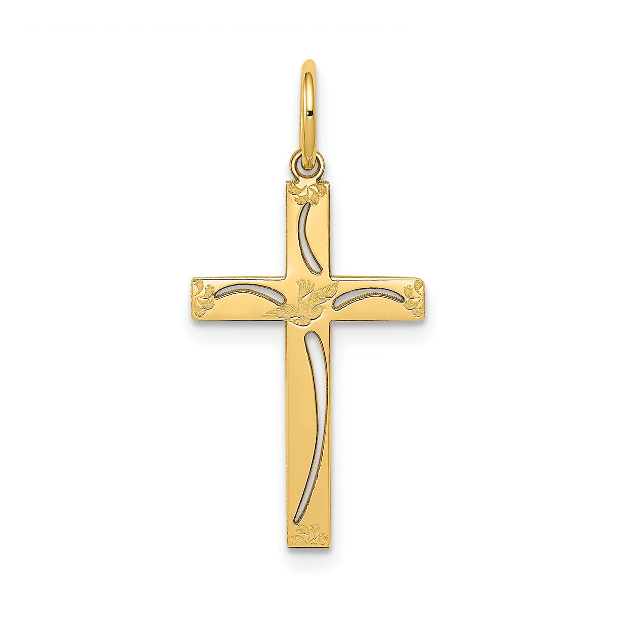 14k Yellow Gold Cross Pendant with Floral and Vine Design, Christian Religious Jewelry for Women