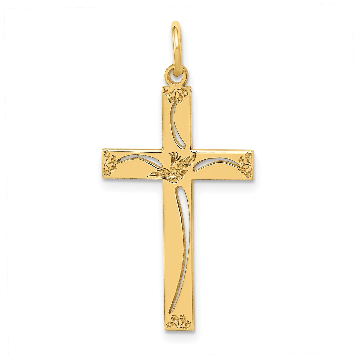 14k Yellow Gold Cross Pendant with Floral Accents and Dove Symbol for Women