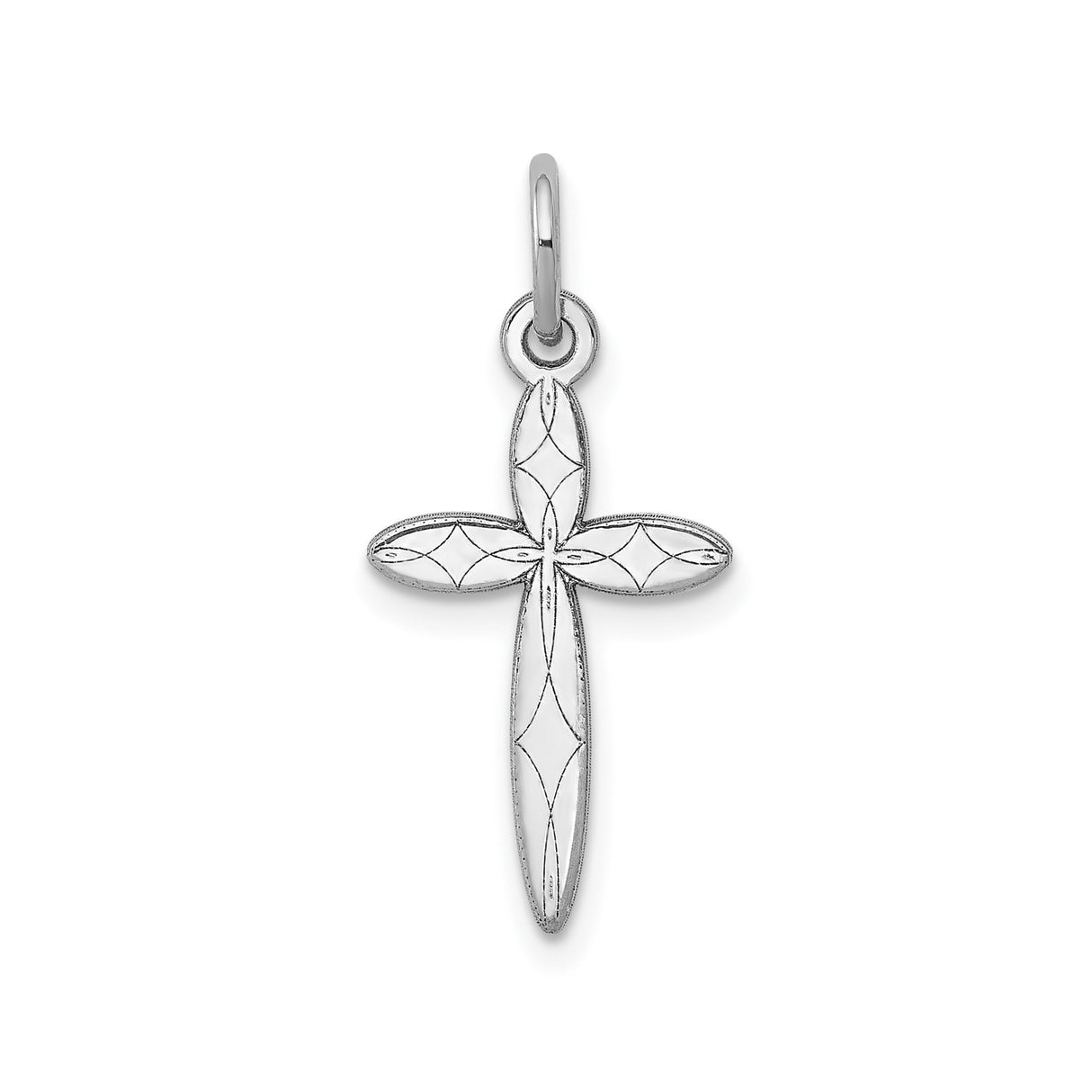 14k White Gold Cross Pendant with Floral Engraving and Polished Finish for Women