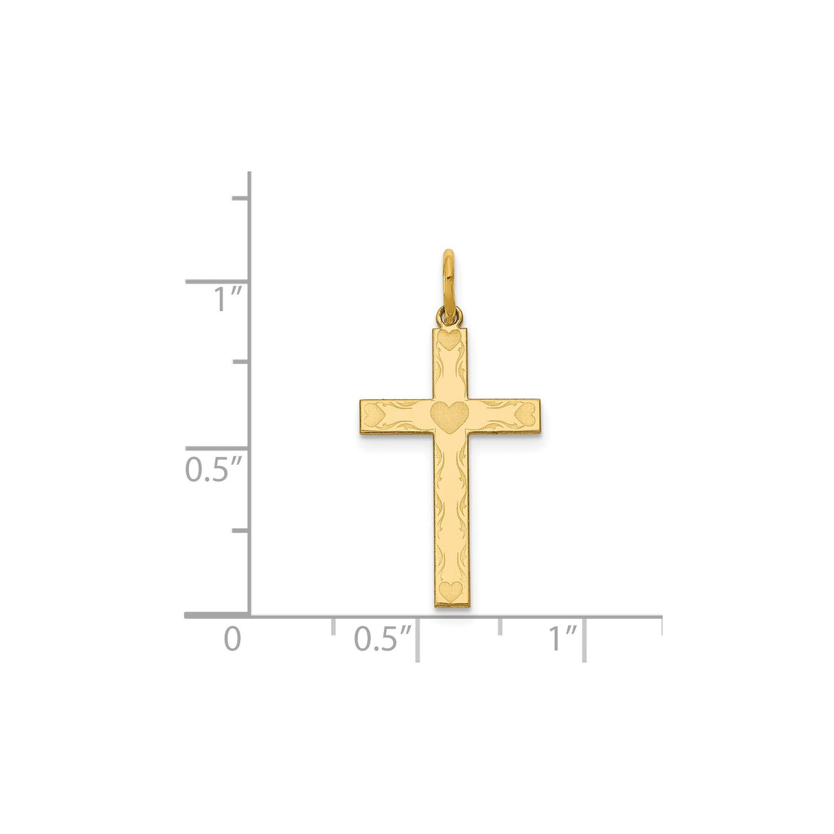14k Yellow Gold Cross Pendant with Heart Motifs and Scroll Detailing