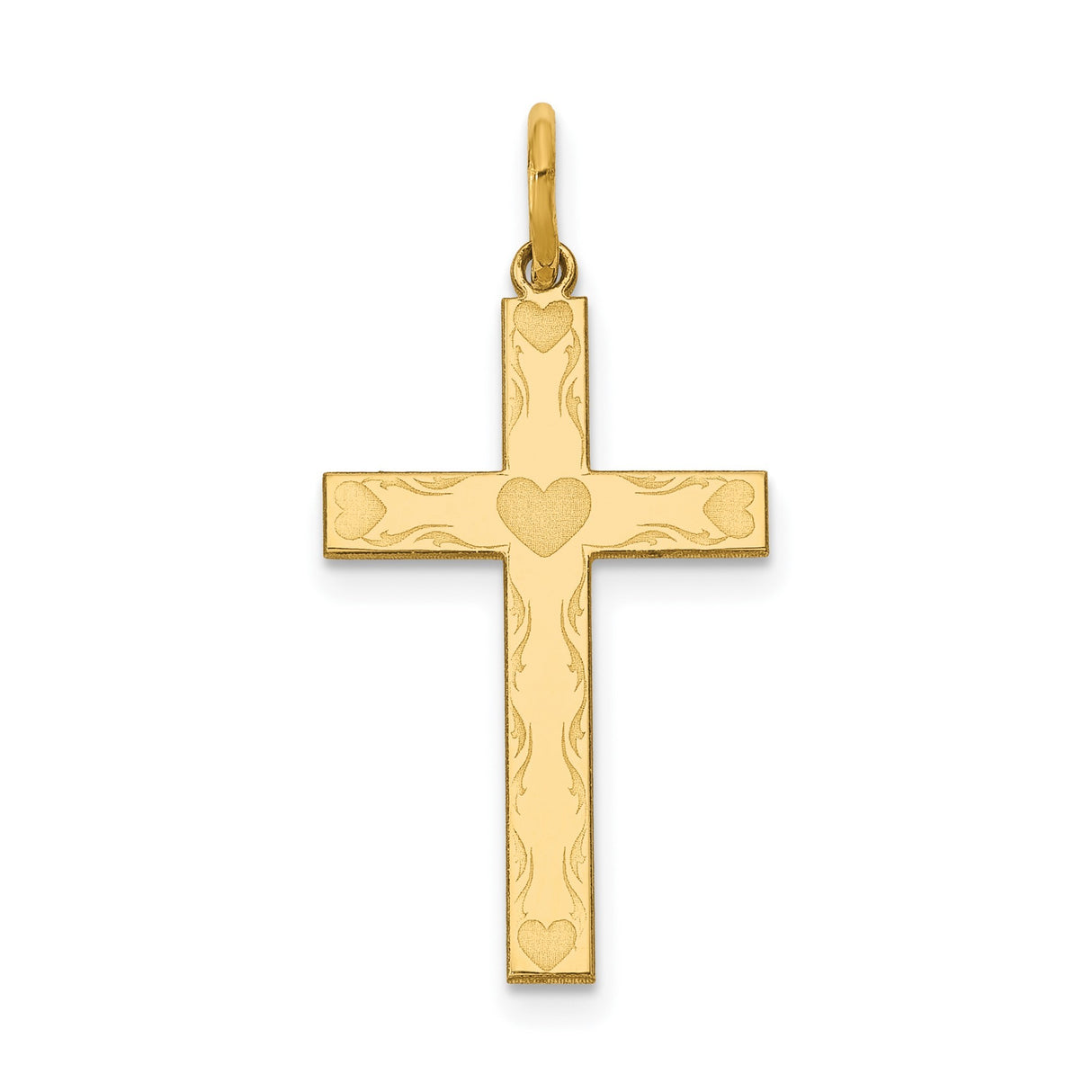 14k Yellow Gold Cross Pendant with Heart Motifs and Scroll Detailing