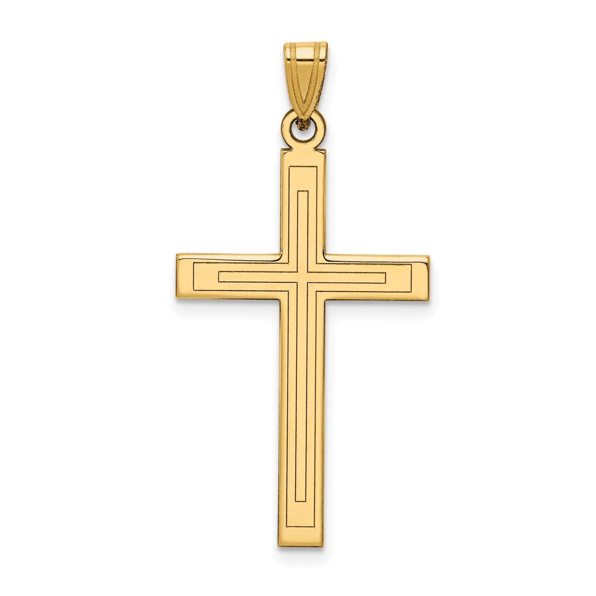 14k Yellow Gold Cross Pendant with Beveled Edge and Inner Cross Detailing for Men and Women