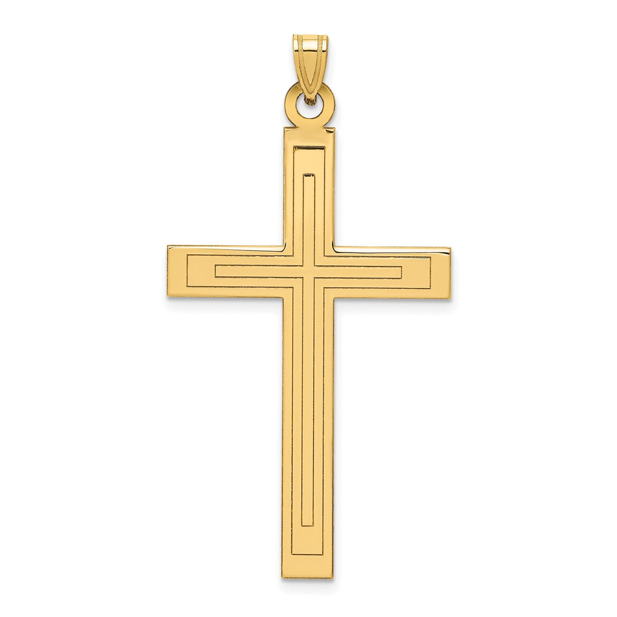 14k Yellow Gold Cross Pendant with Clean Double-Line Design, Unisex Religious Charm