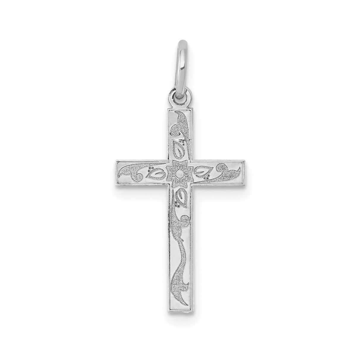 14k White Gold Cross Pendant with Floral Scroll Design, Christian Religious Charm for Women
