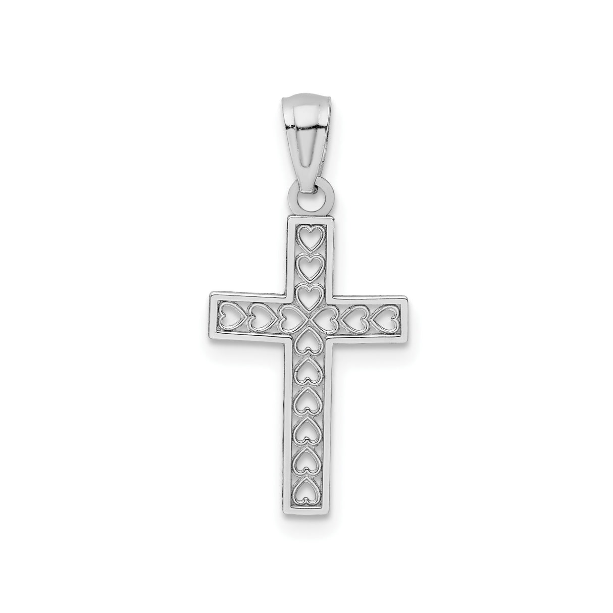 14k White Gold Cross Pendant with Openwork Heart Design, Christian Jewelry for Women