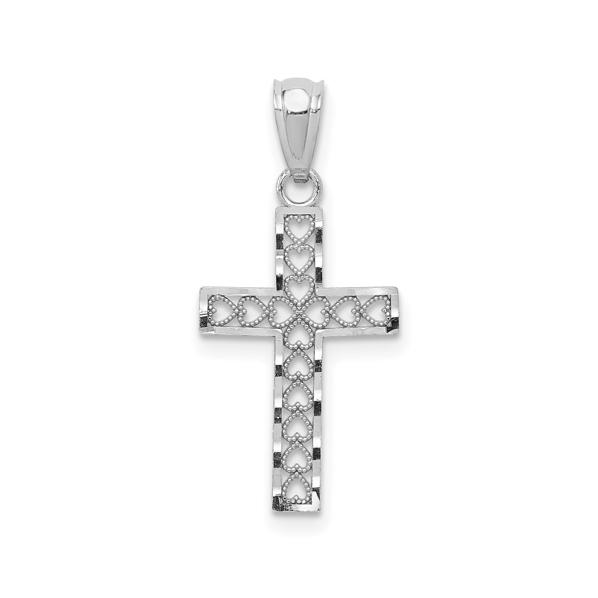 14k White Gold Cross Pendant with Openwork Heart Design, Christian Jewelry for Women