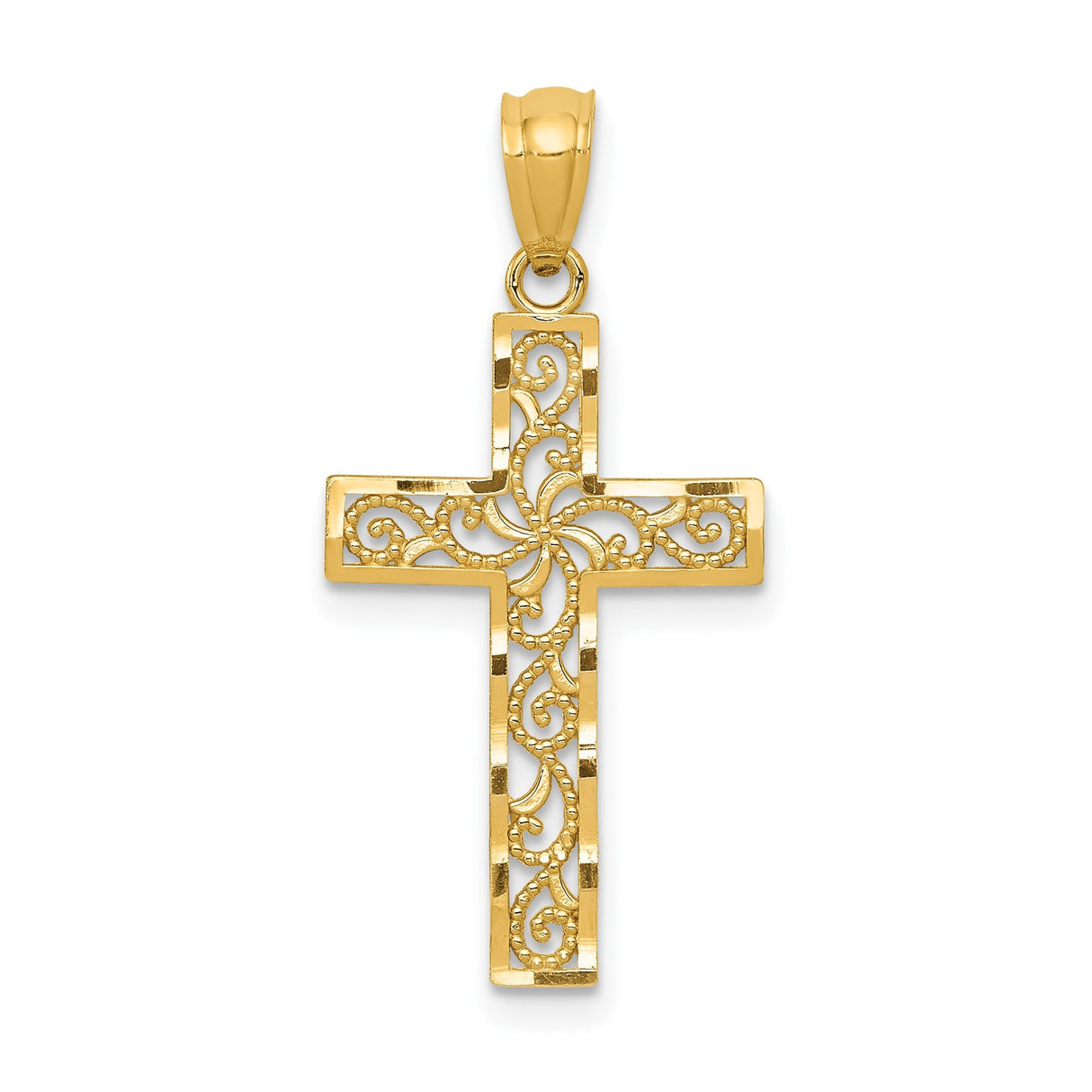 14k Yellow Gold Cross Pendant with Filigree Scrollwork Design for Women