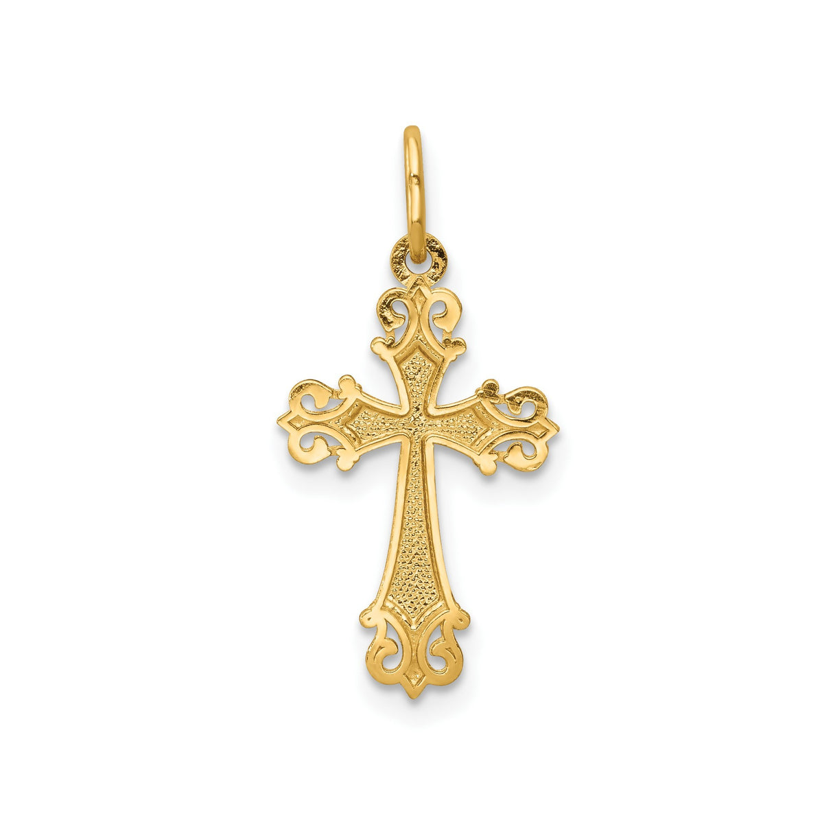 14k Yellow Gold and Rhodium Cross Pendant with Scrollwork and Diamond-Cut Design for Women