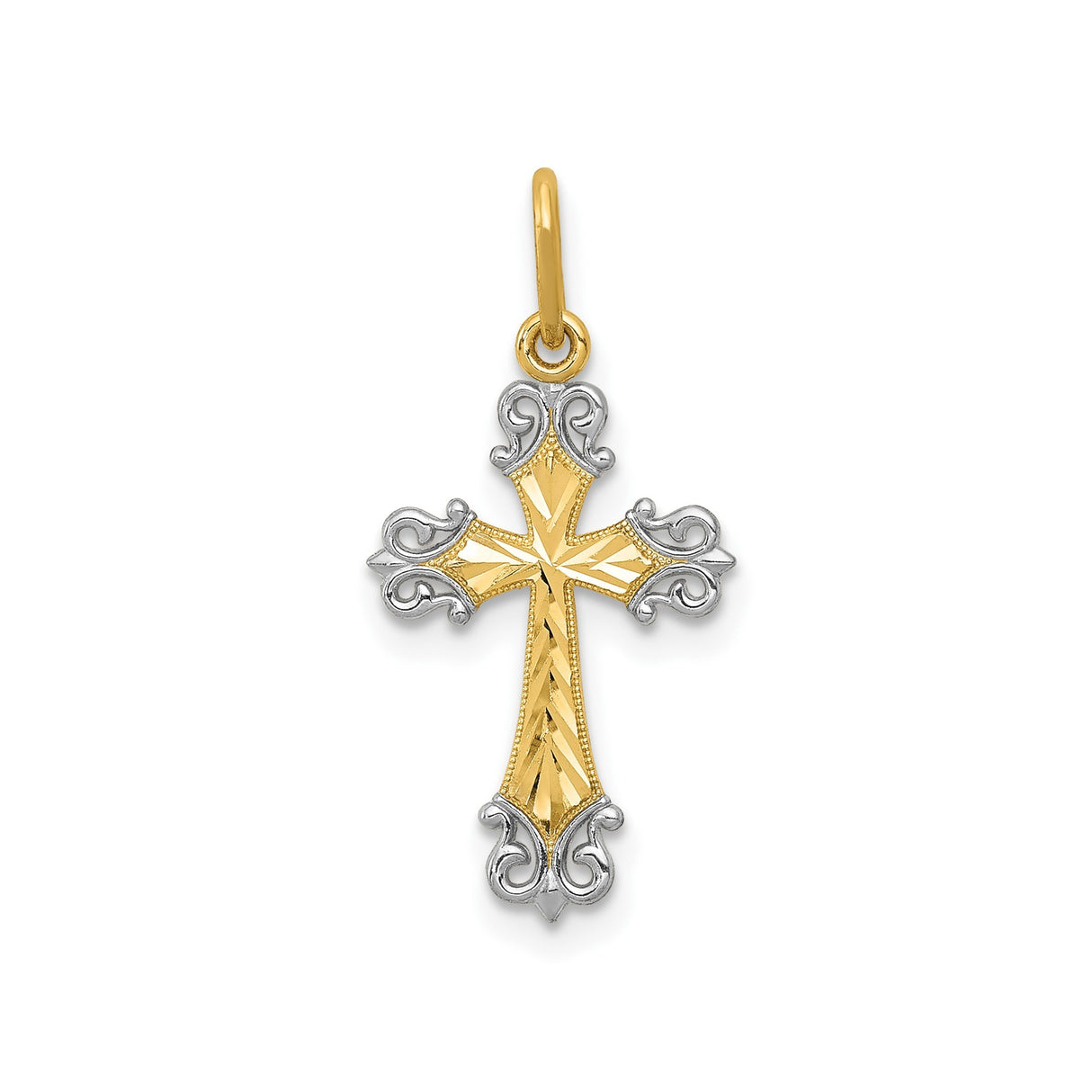 14k Yellow Gold and Rhodium Cross Pendant with Scrollwork and Diamond-Cut Design for Women