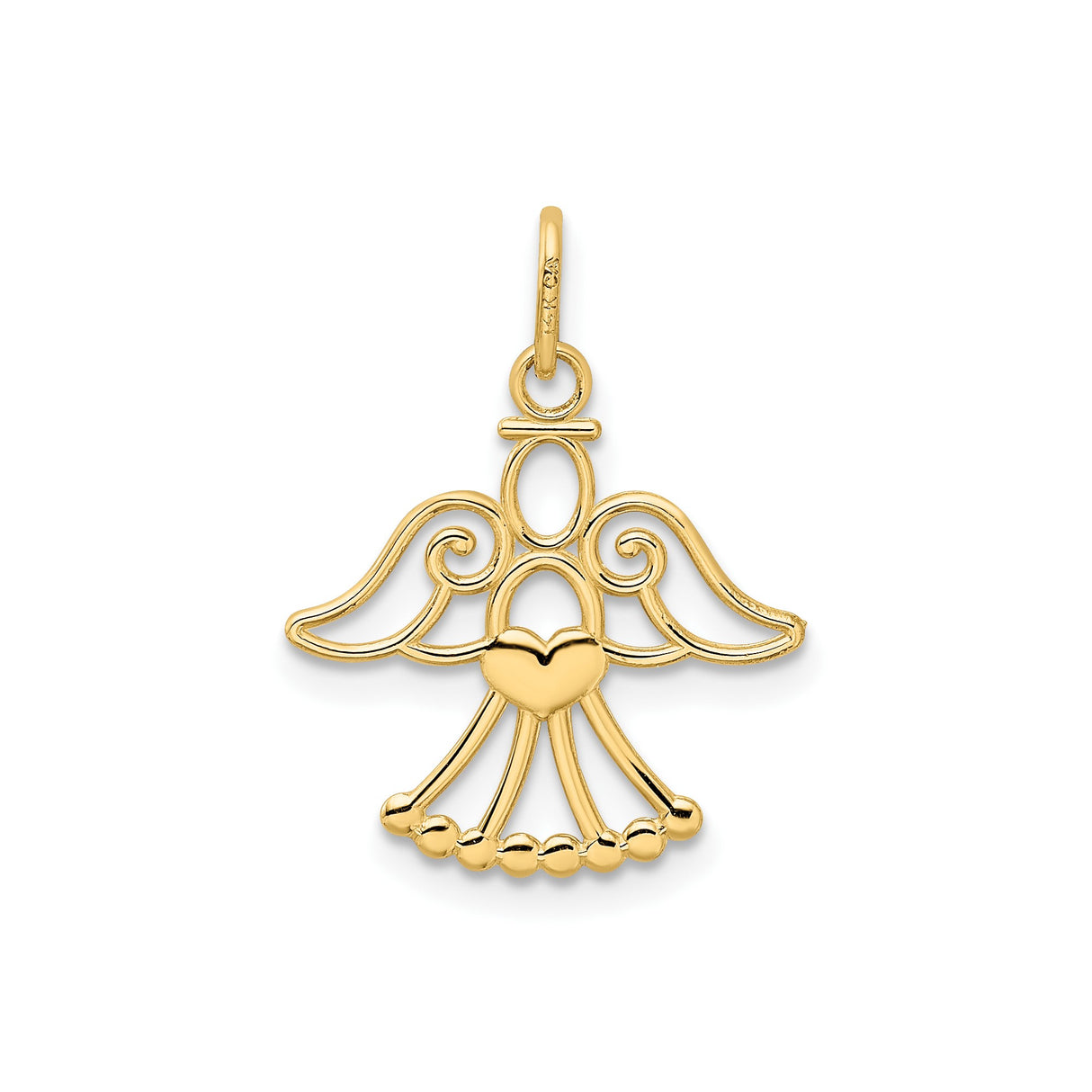 14k Yellow Gold Angel Pendant with Filigree Wings and Heart Center, Christian Jewelry