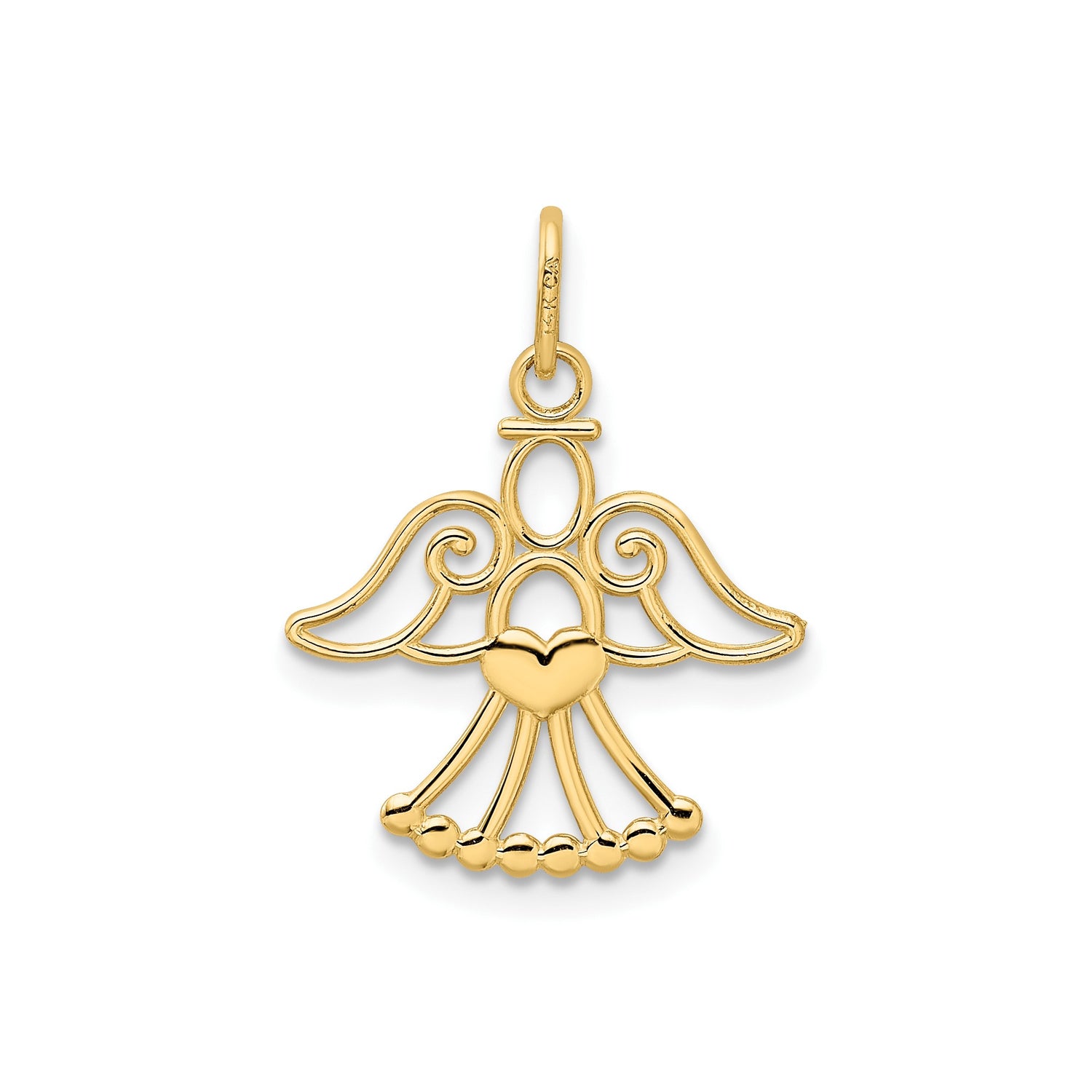 14k Yellow Gold Angel Pendant with Filigree Wings and Heart Center, Christian Jewelry