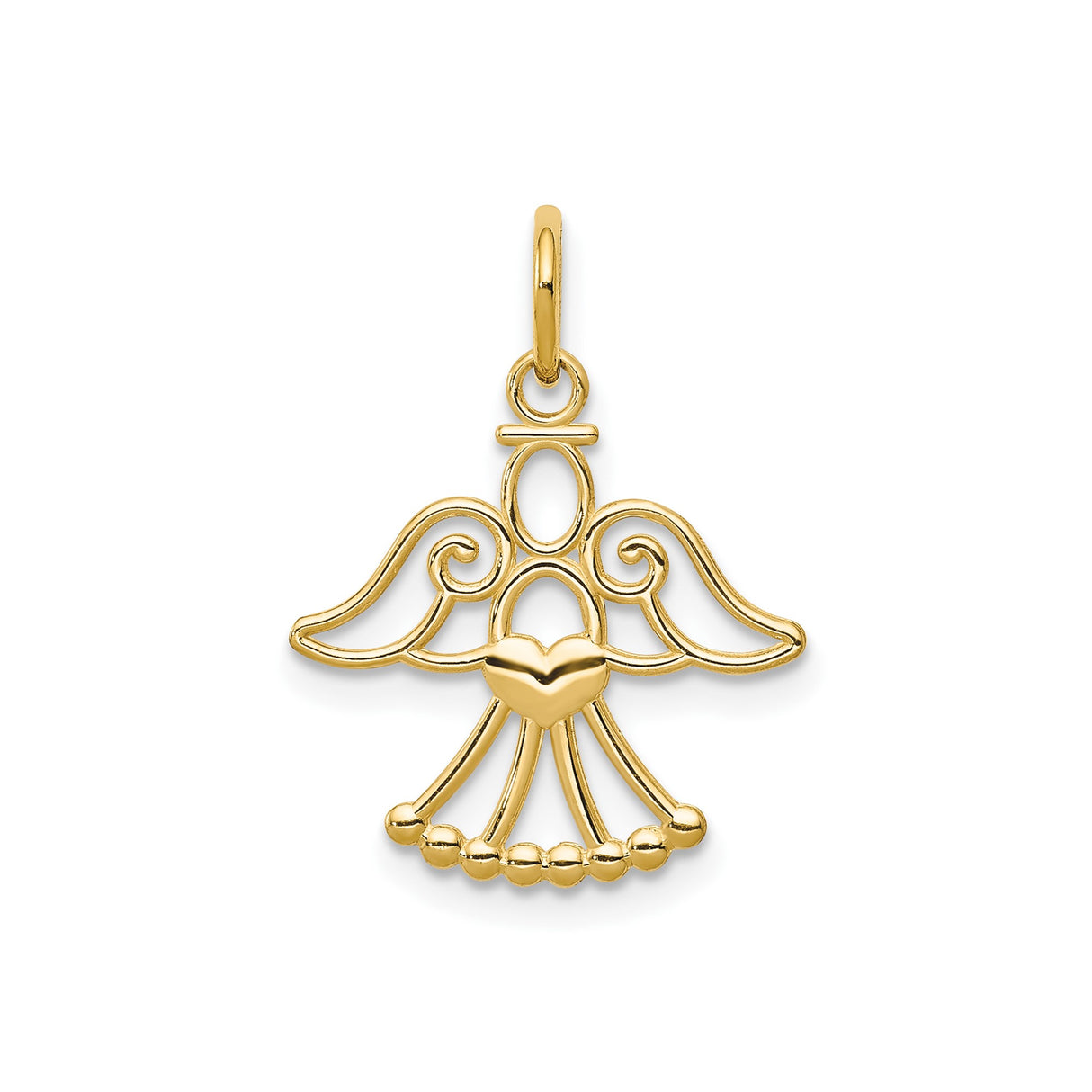 14k Yellow Gold Angel Pendant with Filigree Wings and Heart Center, Christian Jewelry