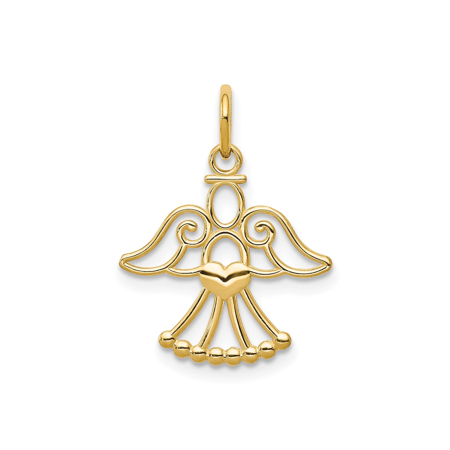 14k Yellow Gold Angel Pendant with Filigree Wings and Heart Center, Christian Jewelry