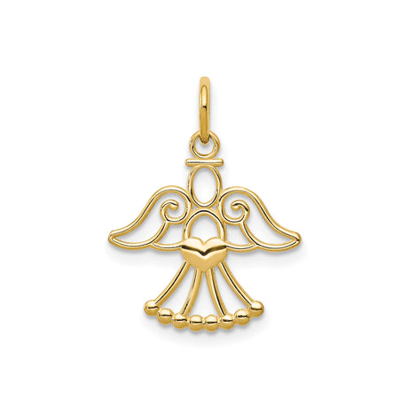 14k Yellow Gold Angel Pendant with Filigree Wings and Heart Center, Christian Jewelry