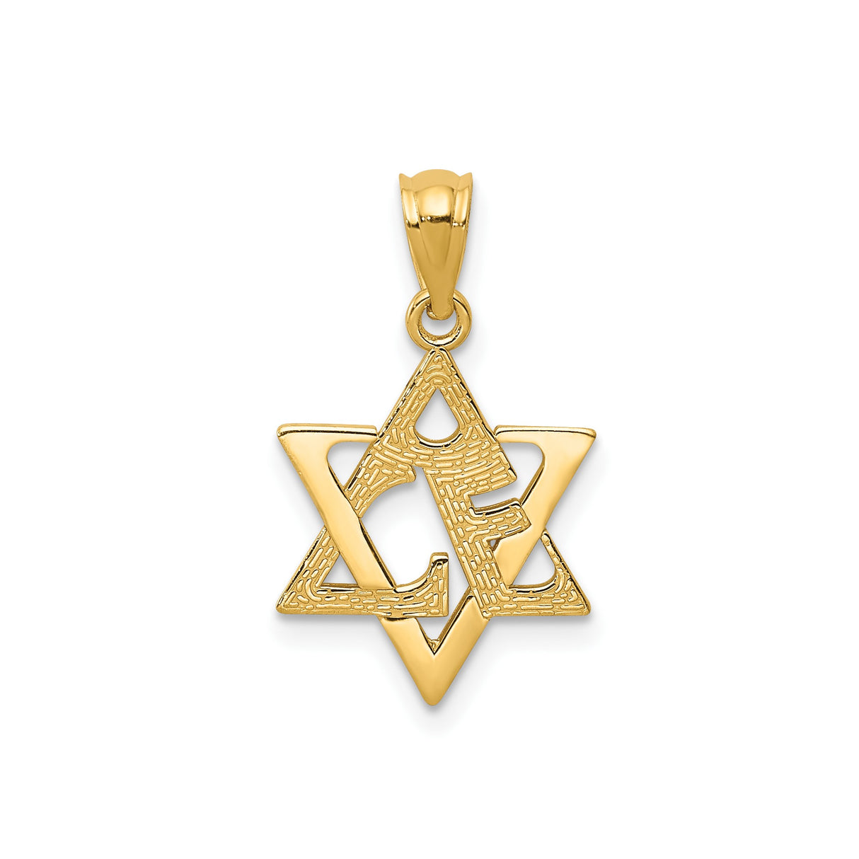 14k Yellow Gold Pendant, Star of David with Chai Symbol, Textured Finish, Jewish Heritage Jewelry