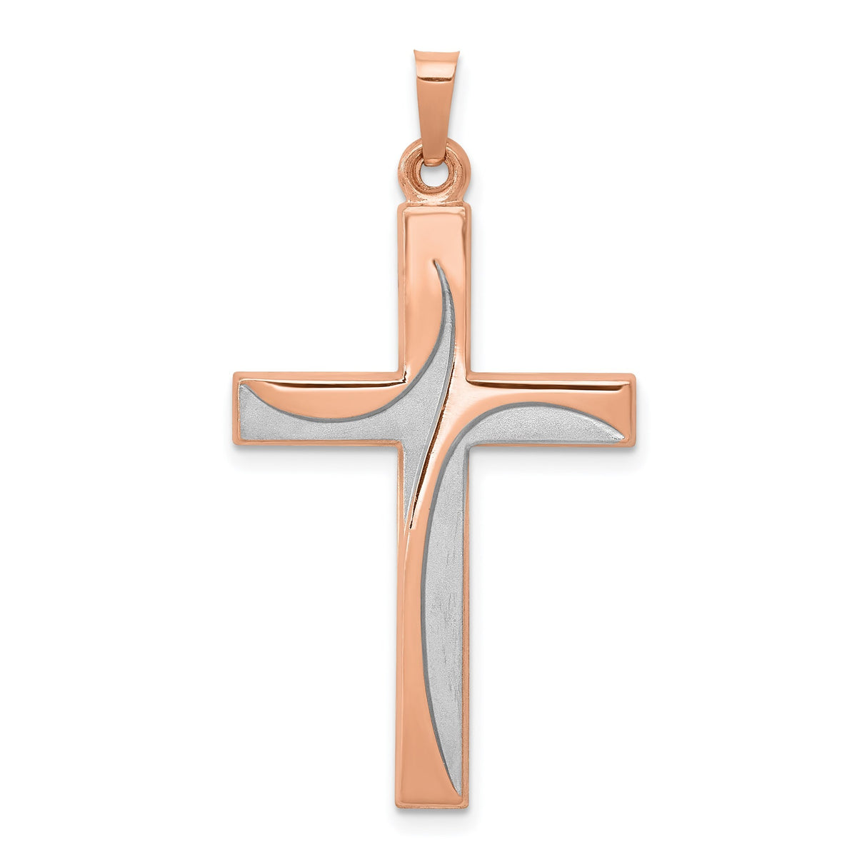 14k Rose Gold Cross Pendant, Two-Tone Swoosh Design, Modern Christian Jewelry for Women