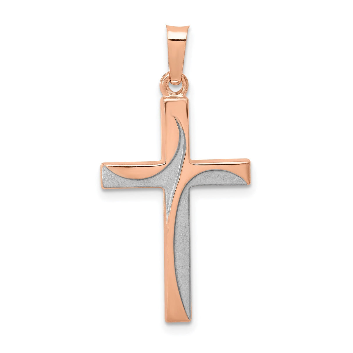 14k Rose Gold Cross Pendant, Modern Two-Tone Satin and Polished Finish, Abstract Christian Symbol
