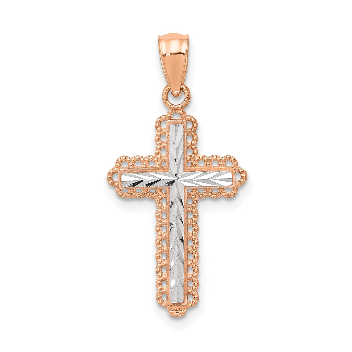14k Rose Gold Cross Pendant with White Gold Center and Beaded Edge Detailing