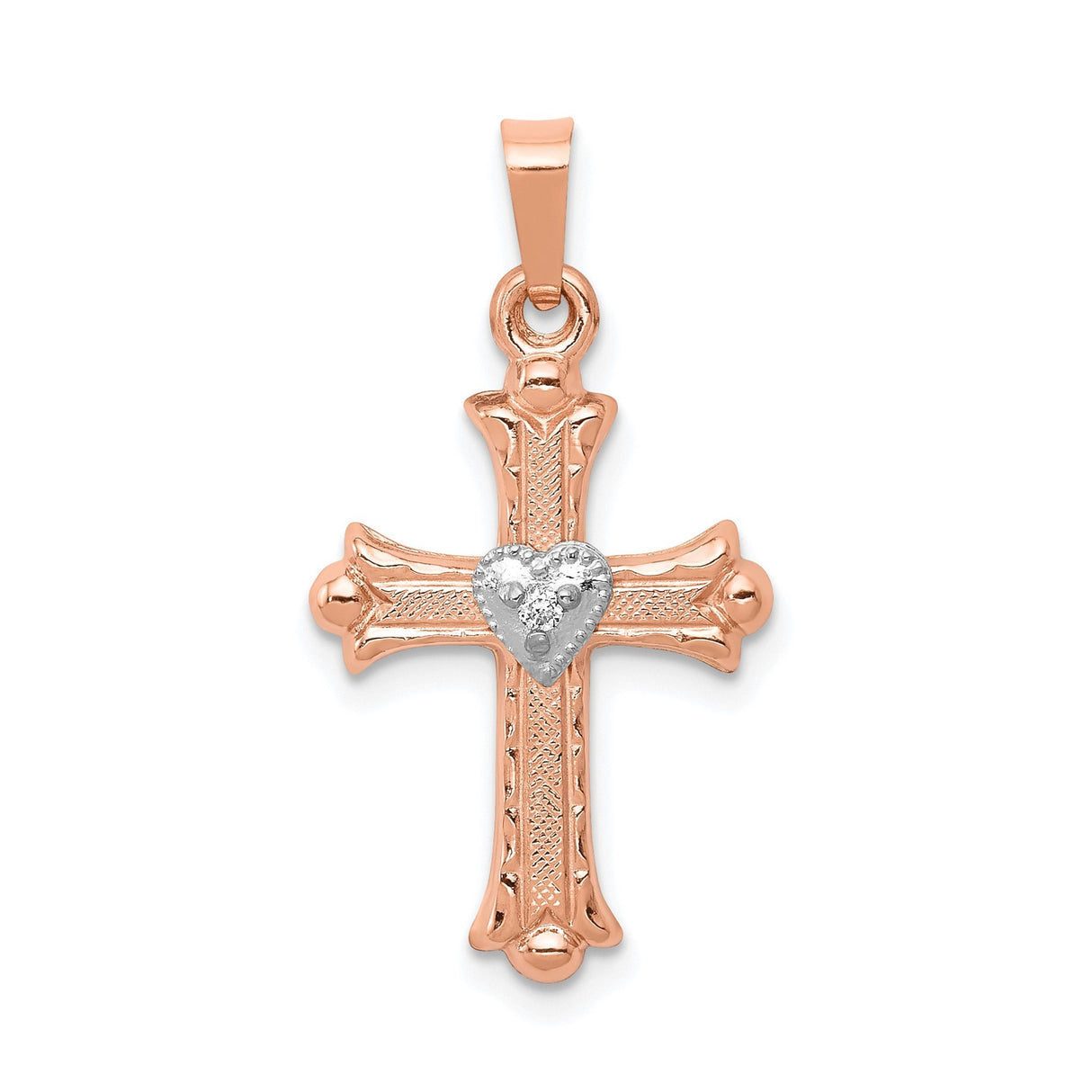 14k Two Tone Gold Cross Pendant with Diamond Accents and Heart Center, Christian Design