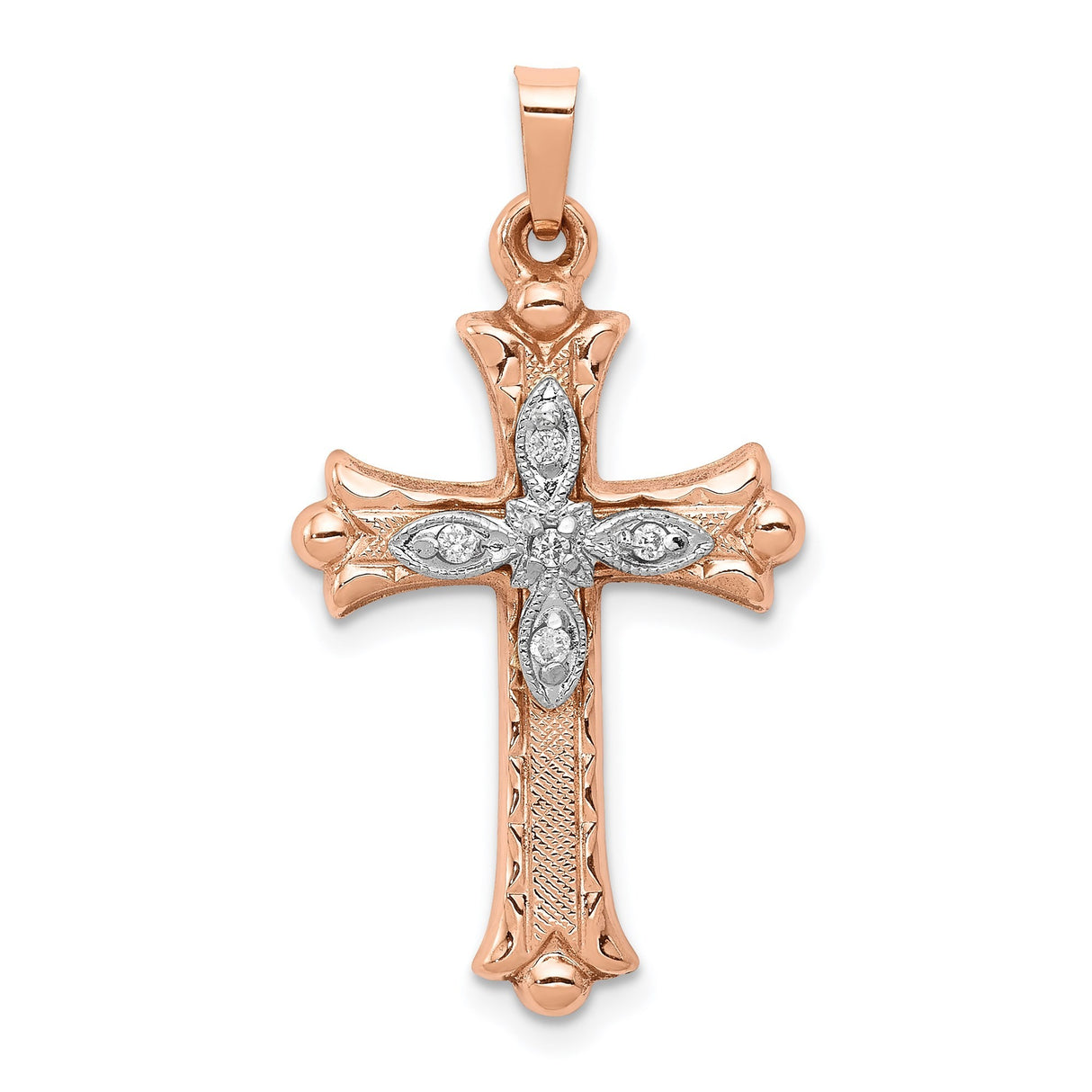 14k Two-Tone Gold Cross Pendant with Clear Diamond Cut Accents, Christian Religious Design