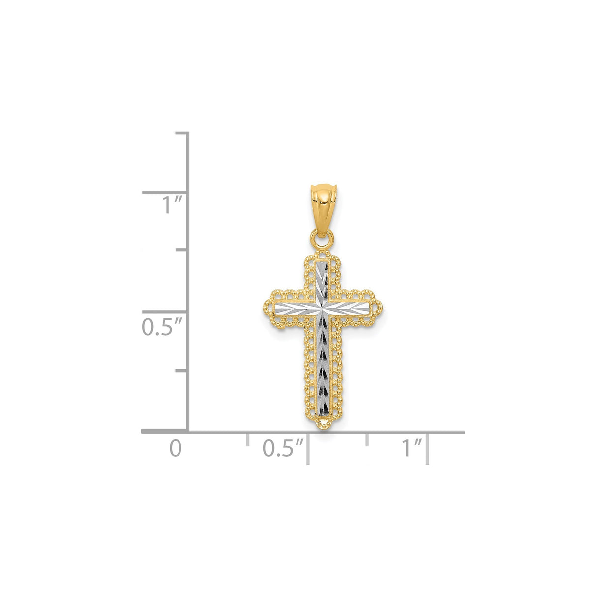 14k Two-Tone Gold Cross Pendant with Textured Design and Beaded Edge Detailing