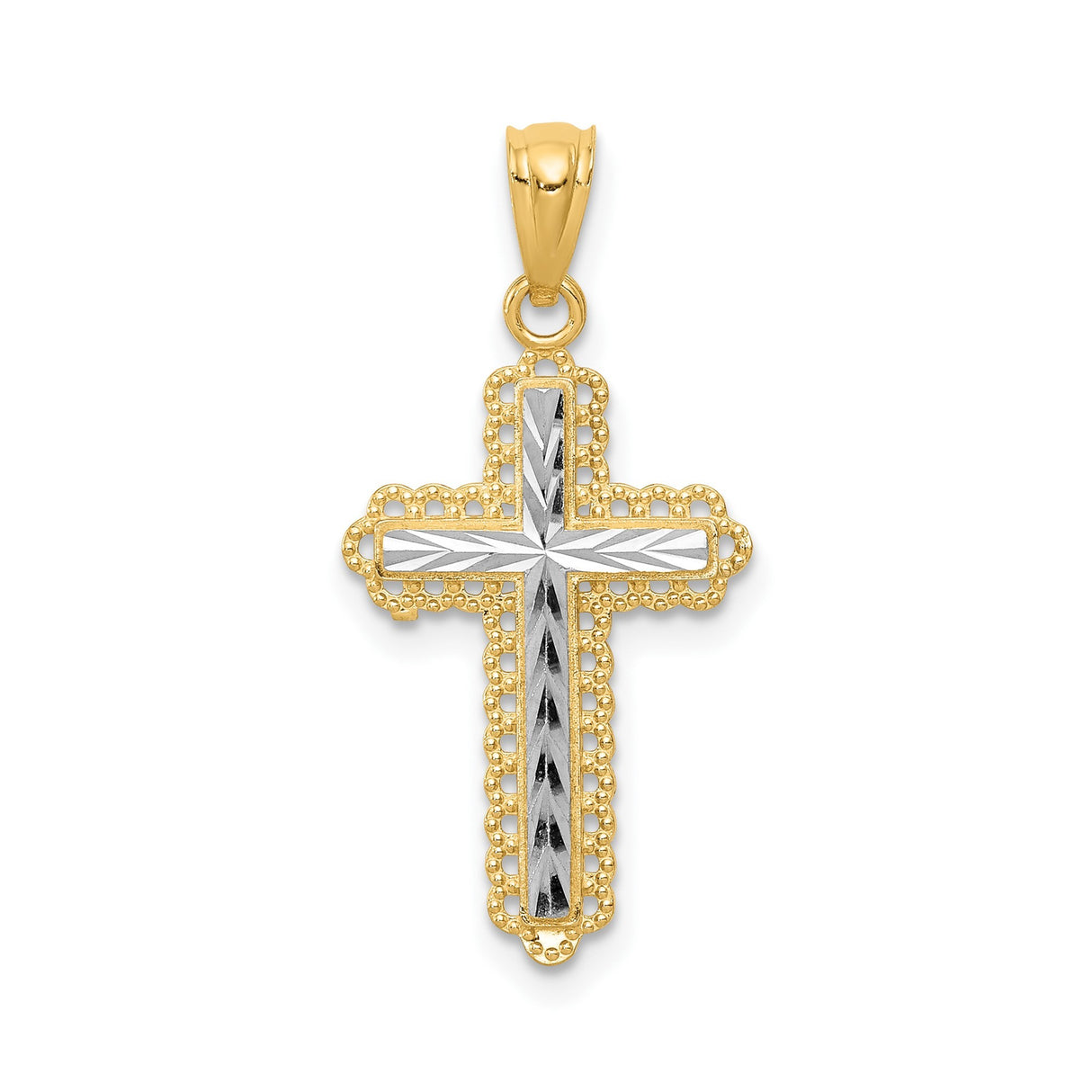 14k Two-Tone Gold Cross Pendant with Textured Design and Beaded Edge Detailing