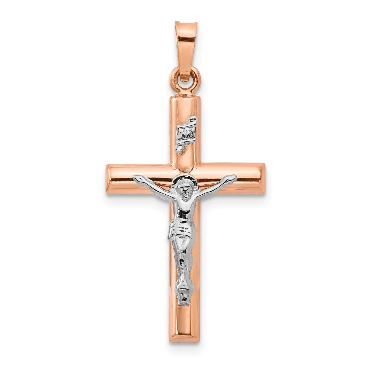 14k Multi-Tone Gold Crucifix Pendant with INRI Banner and Jesus Figure Religious Charm