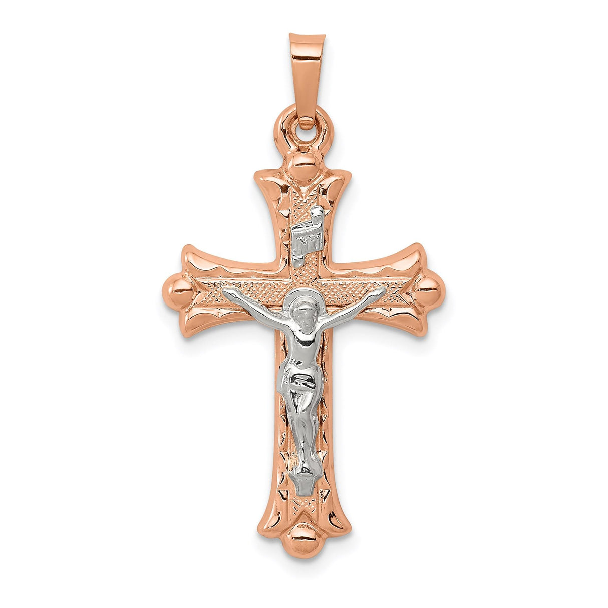 14k Two-Tone Gold Crucifix Cross Pendant, Fleur de Lis Catholic Christian Charm