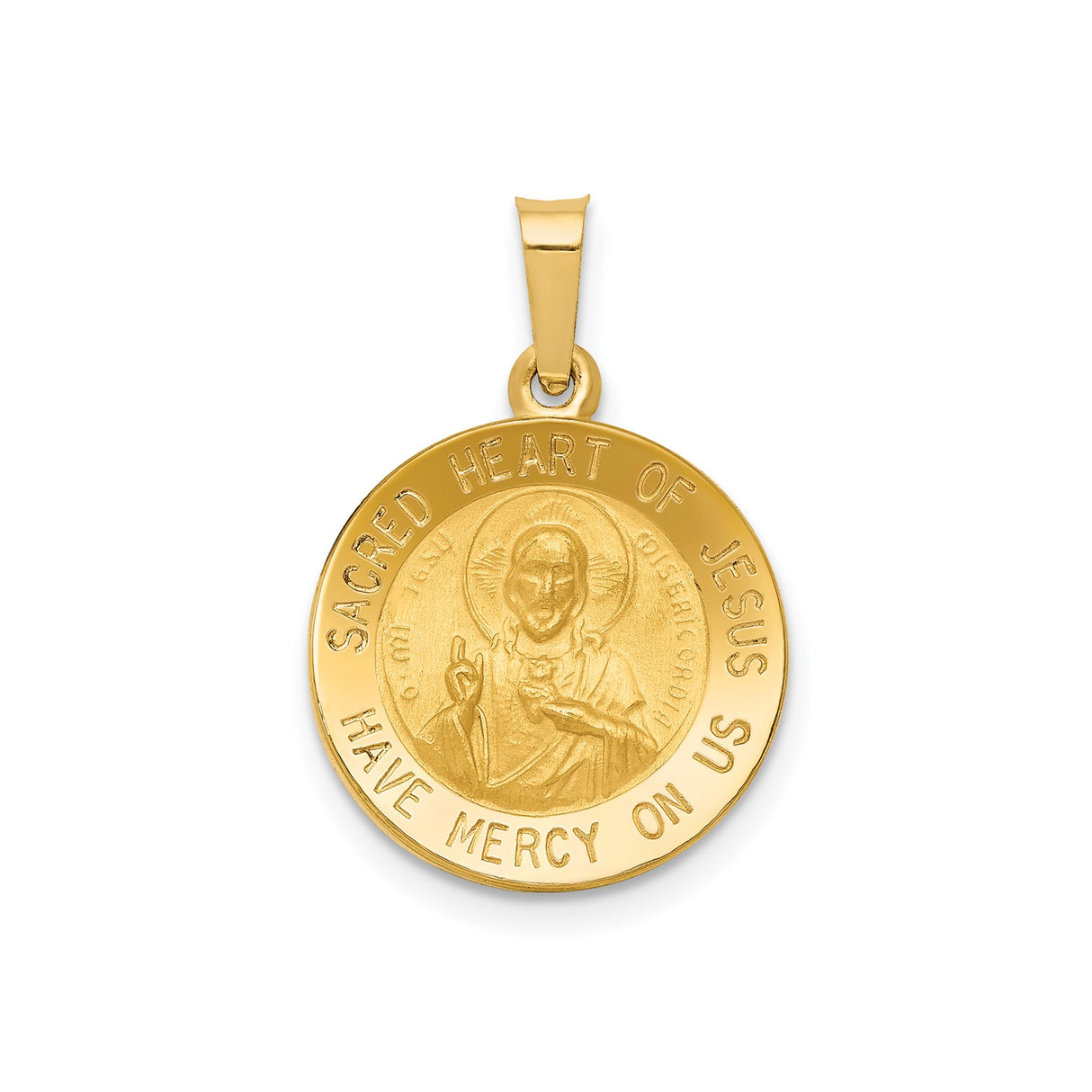 14k Yellow Gold Sacred Heart of Jesus Pendant Medal with Mercy Inscription
