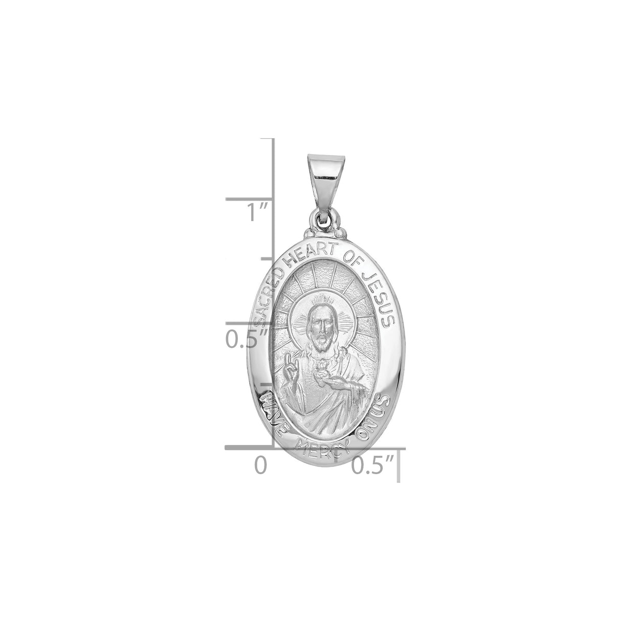 14k White Gold Sacred Heart Jesus Oval Medal Pendant with Mercy Inscription