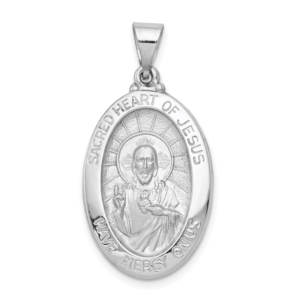14k White Gold Sacred Heart Jesus Oval Medal Pendant with Mercy Inscription