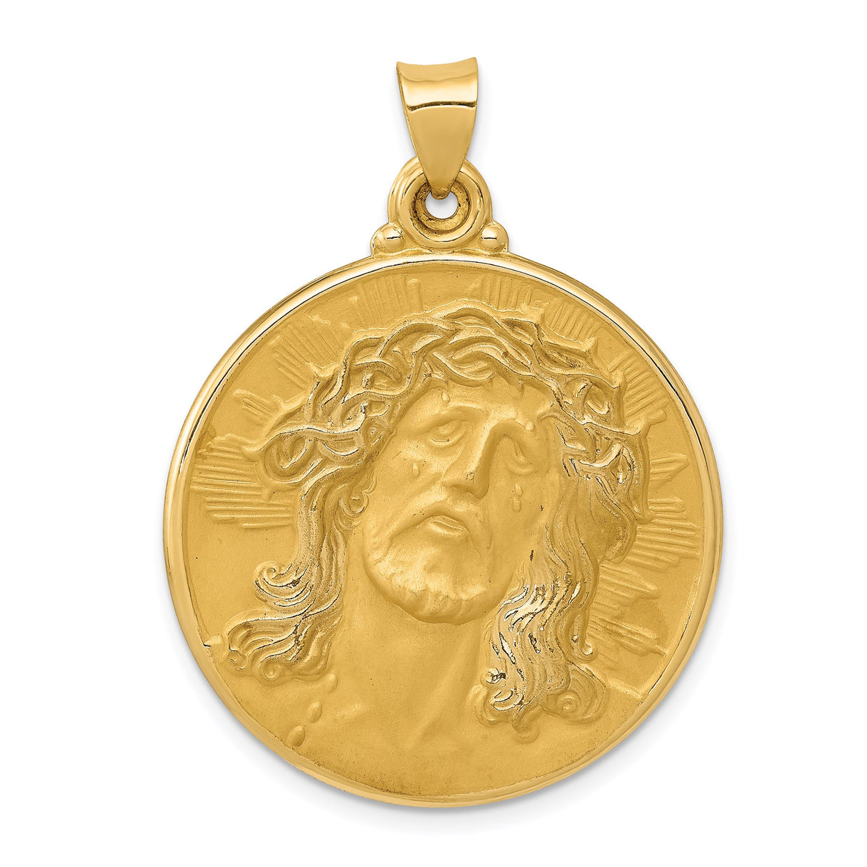 14k Yellow Gold Jesus Christ Pendant with Crown of Thorns and Radiant Halo