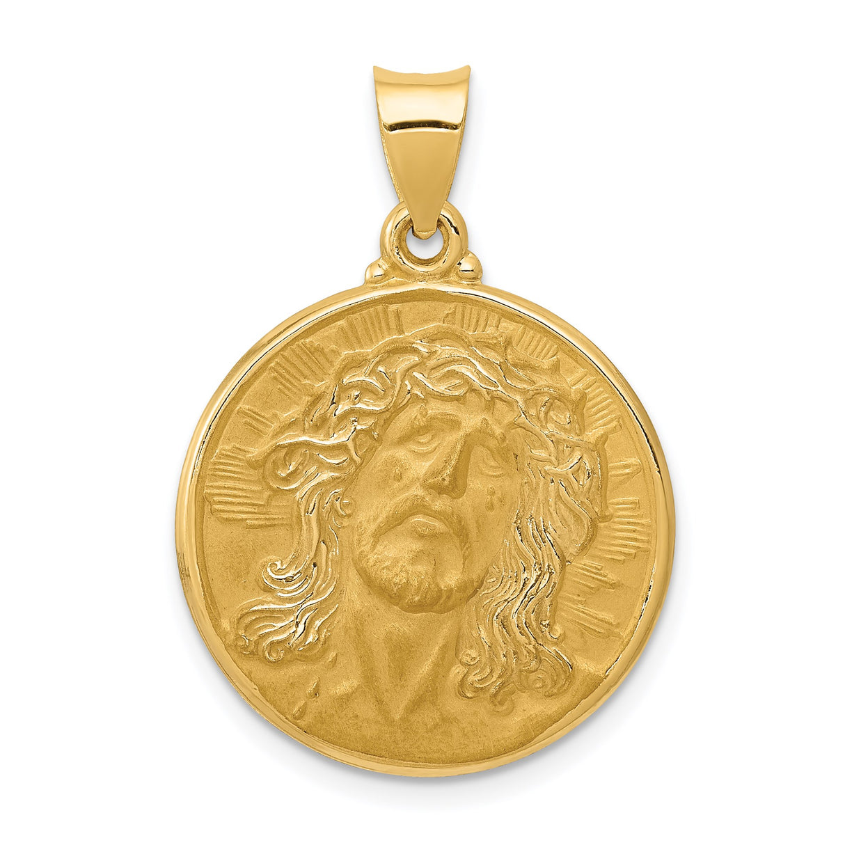 14k Yellow Gold Jesus Medallion Pendant with Crown of Thorns and Radiant Halo