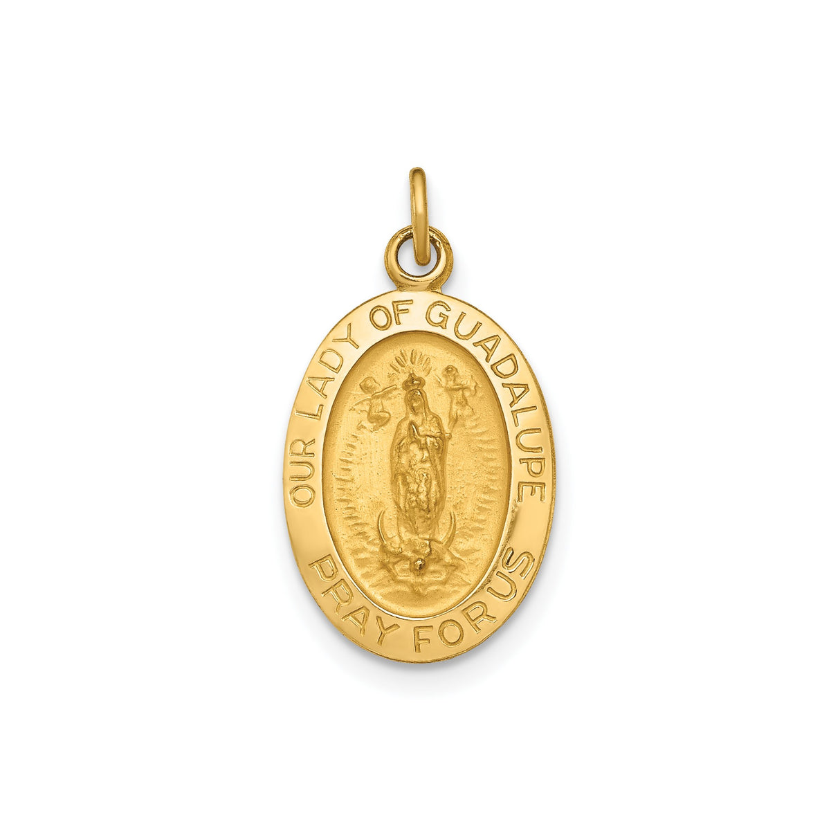 14k Yellow Gold Our Lady Guadalupe Pendant, Oval Catholic Medal with Virgin Mary Engraving