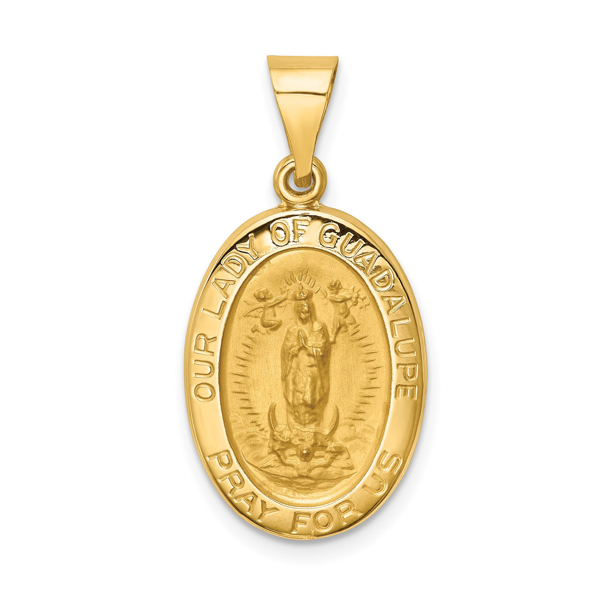 14k Yellow Gold Oval Pendant Featuring Our Lady of Guadalupe and Pray for Us Engraving