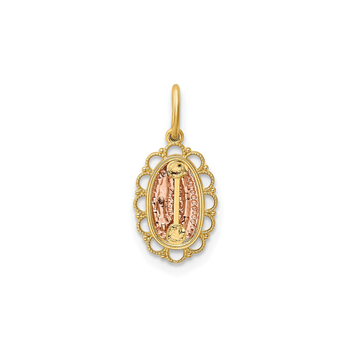 14k Two-Tone Gold Our Lady of Guadalupe Pendant with Rose Gold Virgin Mary and Scalloped Border