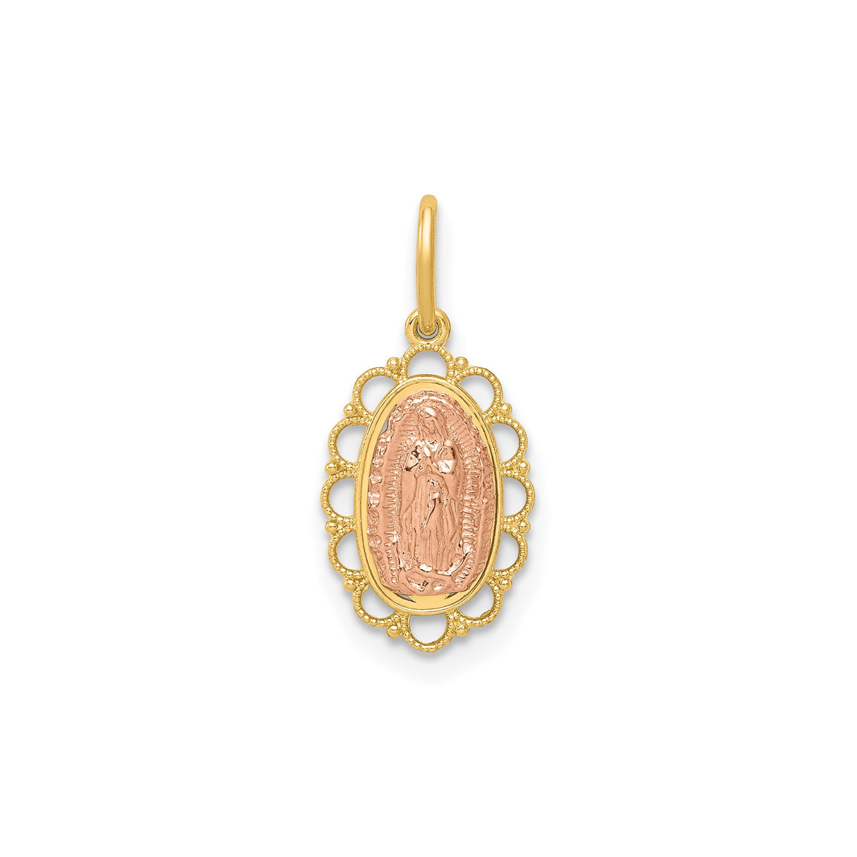 14k Two-Tone Gold Our Lady of Guadalupe Pendant with Rose Gold Virgin Mary and Scalloped Border