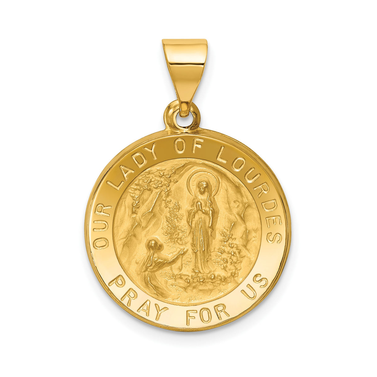 14k Yellow Gold Our Lady of Lourdes Pendant with Marian Apparition Engraving Medal
