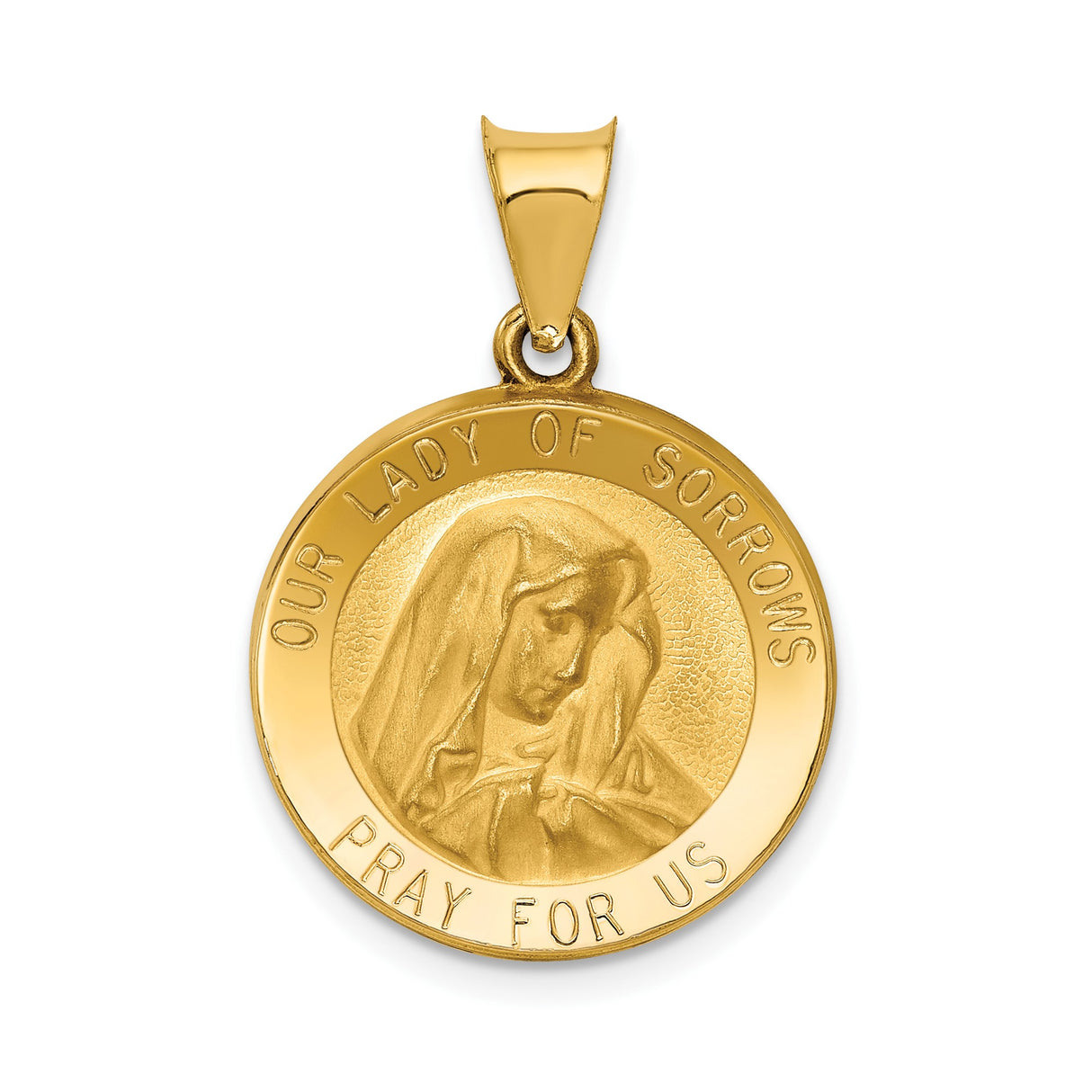 14k Yellow Gold Our Lady of Sorrows Pendant with Pray for Us Inscription