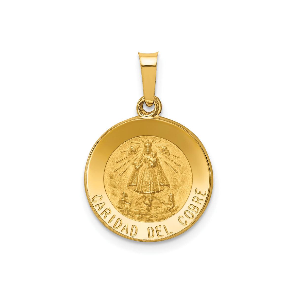 14k Yellow Gold Caridad del Cobre Virgin Mary Pendant, Religious Medallion for Catholic Men and Women