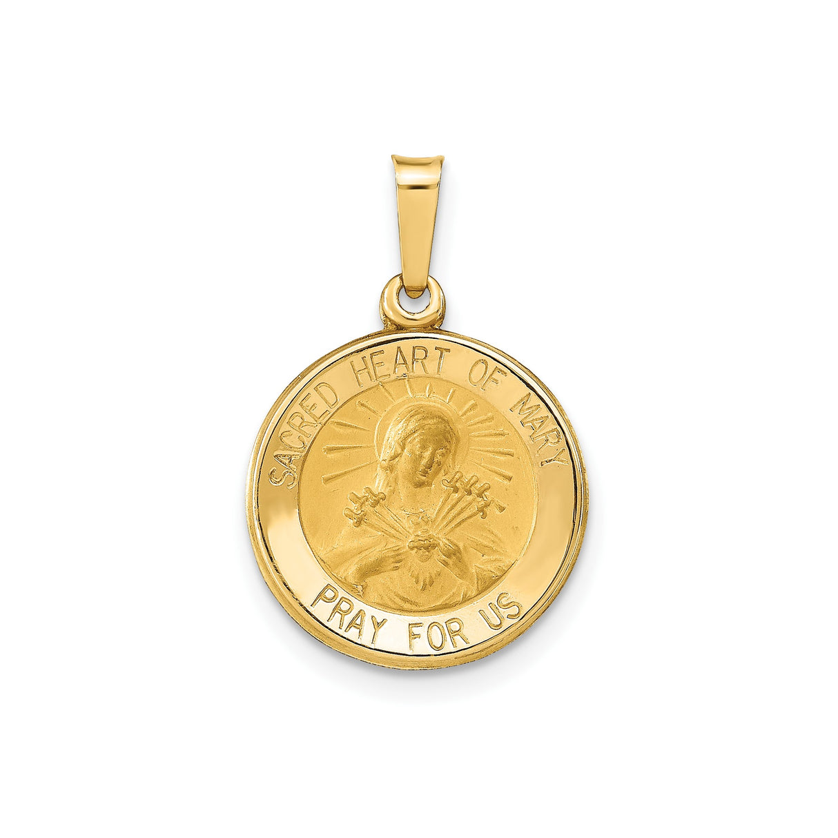 14k Yellow Gold Sacred Heart of Mary Pendant with Seven Swords and Radiant Lines