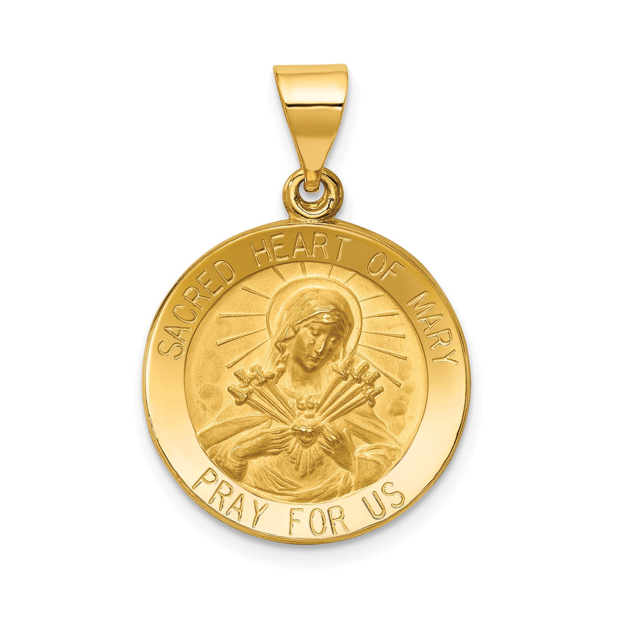 14k Yellow Gold Sacred Heart of Mary Pendant with Seven Swords and Radiant Lines