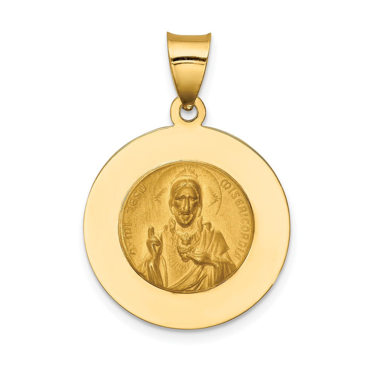 14k Yellow Gold Our Lady of Mount Carmel Pendant, Catholic Medal with Scapular Inscription