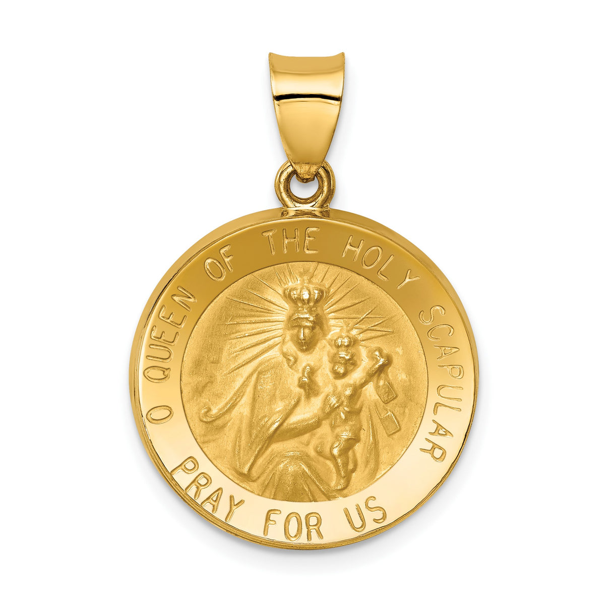 14k Yellow Gold Our Lady of Mount Carmel Pendant, Catholic Medal with Scapular Inscription