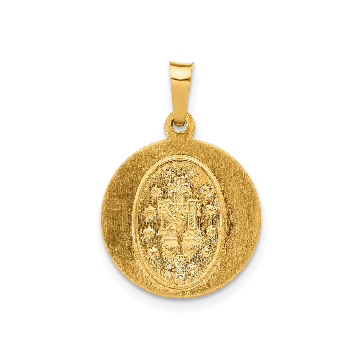 14k Yellow Gold Miraculous Medal Pendant Featuring Virgin Mary and Radiant Beams