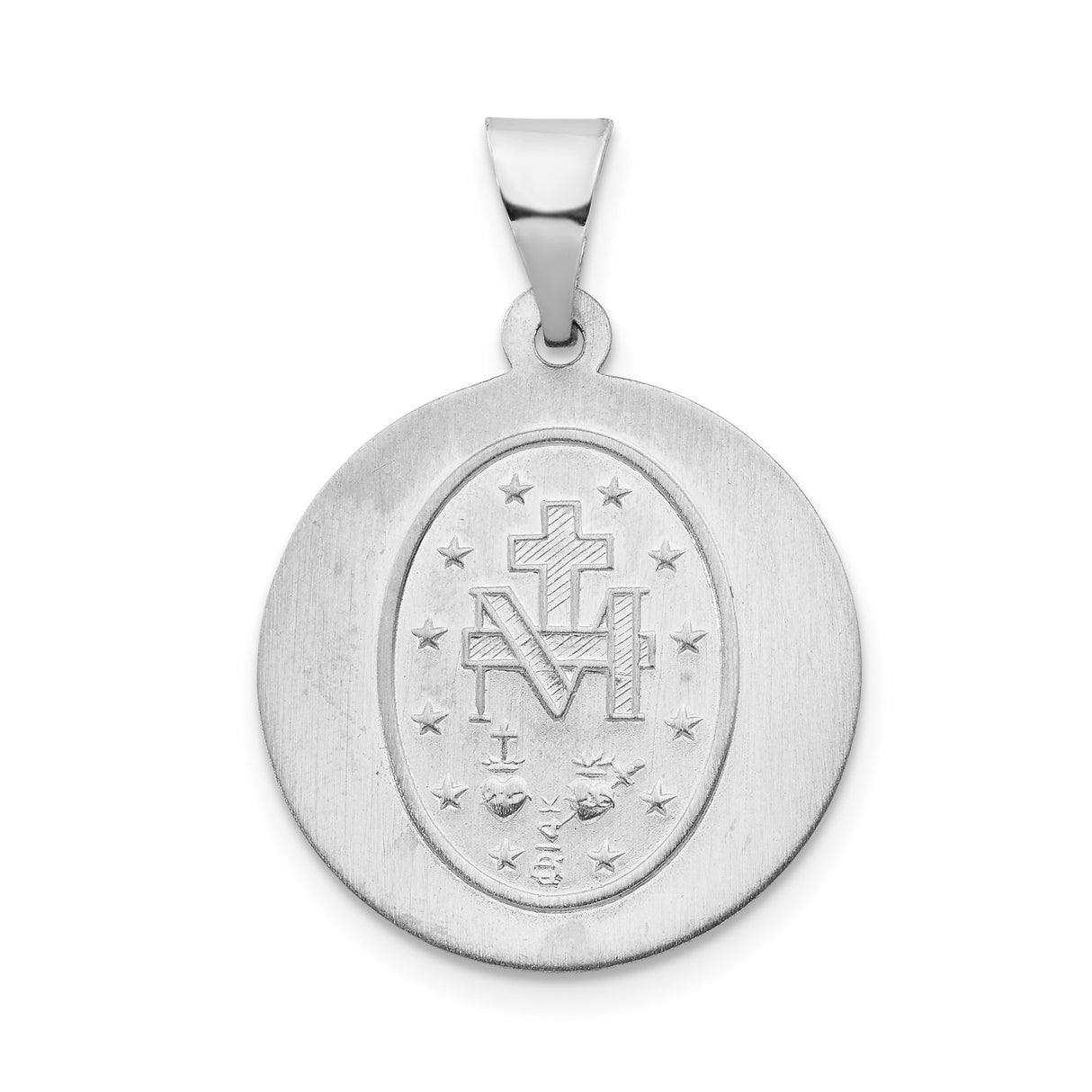 14k White Gold Miraculous Medal Pendant Featuring Virgin Mary and Prayer